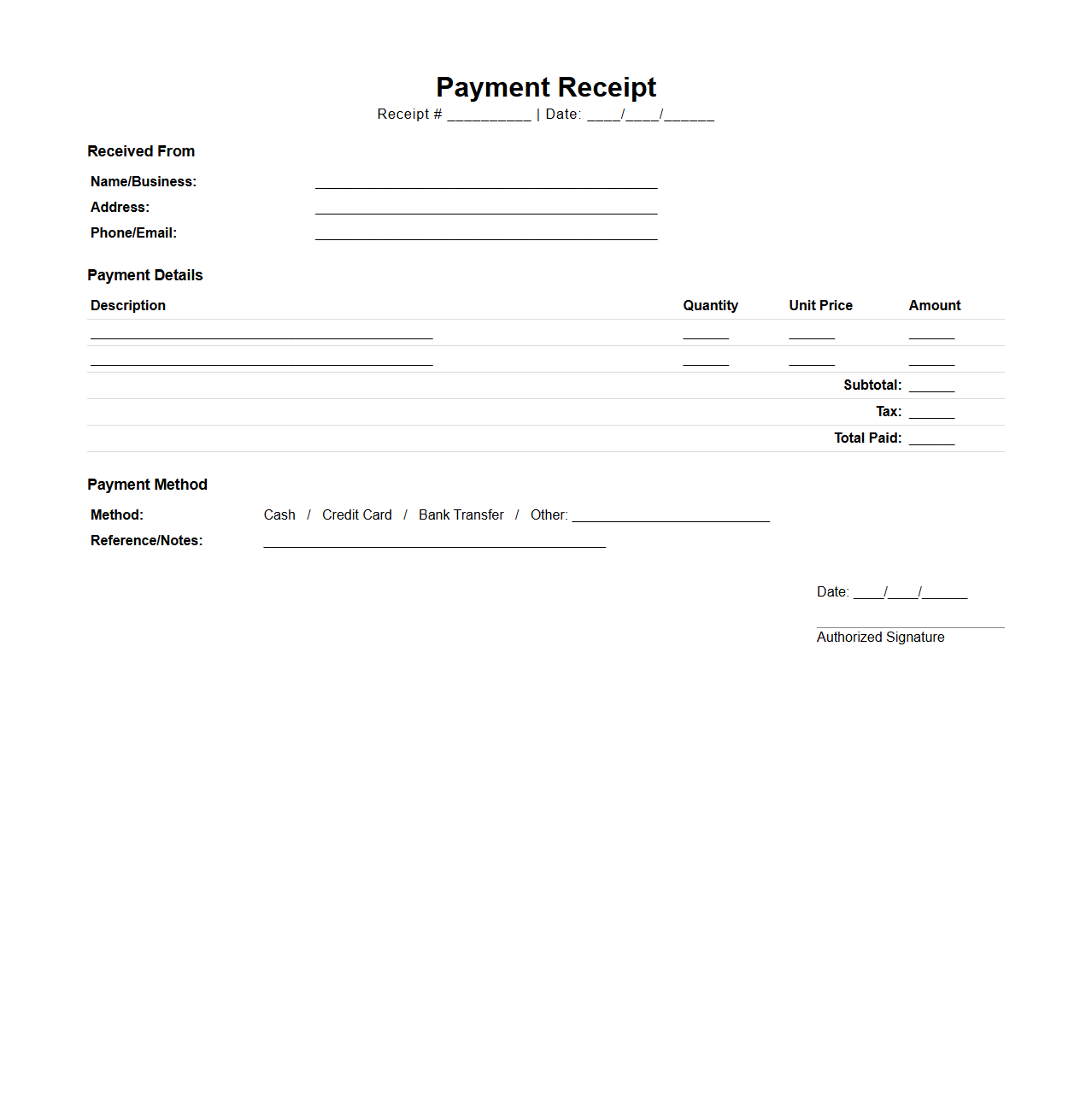 Payment Receipt Template for Business Transactions
