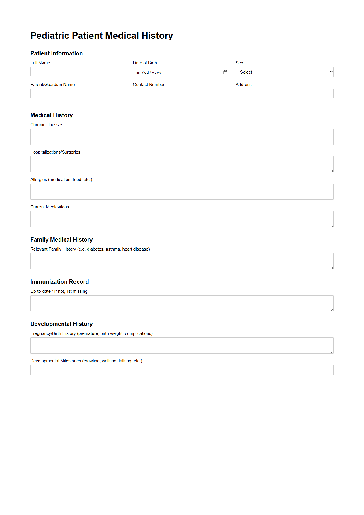 Pediatric Patient Medical History Template
