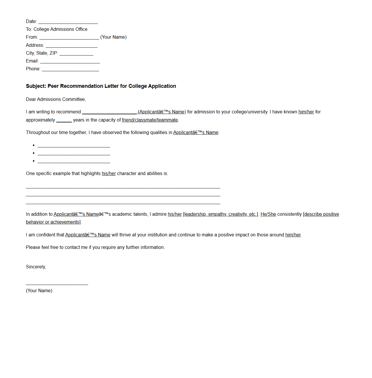 Peer Recommendation Letter Template for College Applications