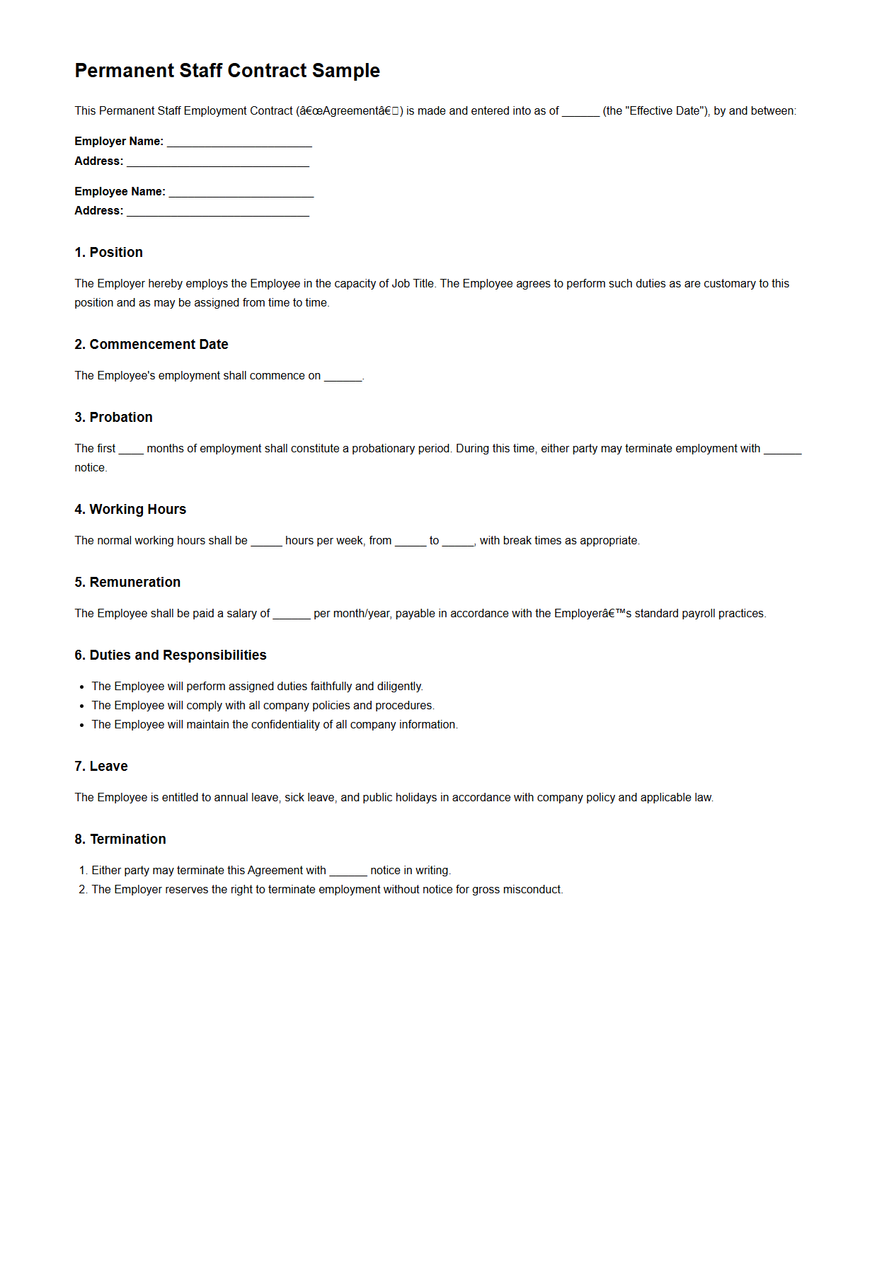 Permanent Staff Contract Sample