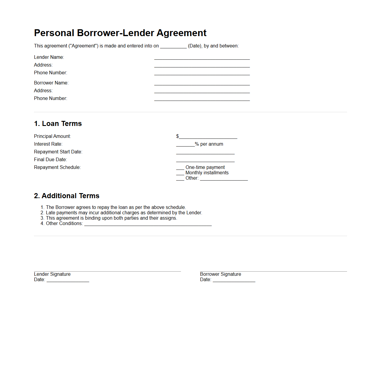 Personal Borrower-Lender Agreement Example