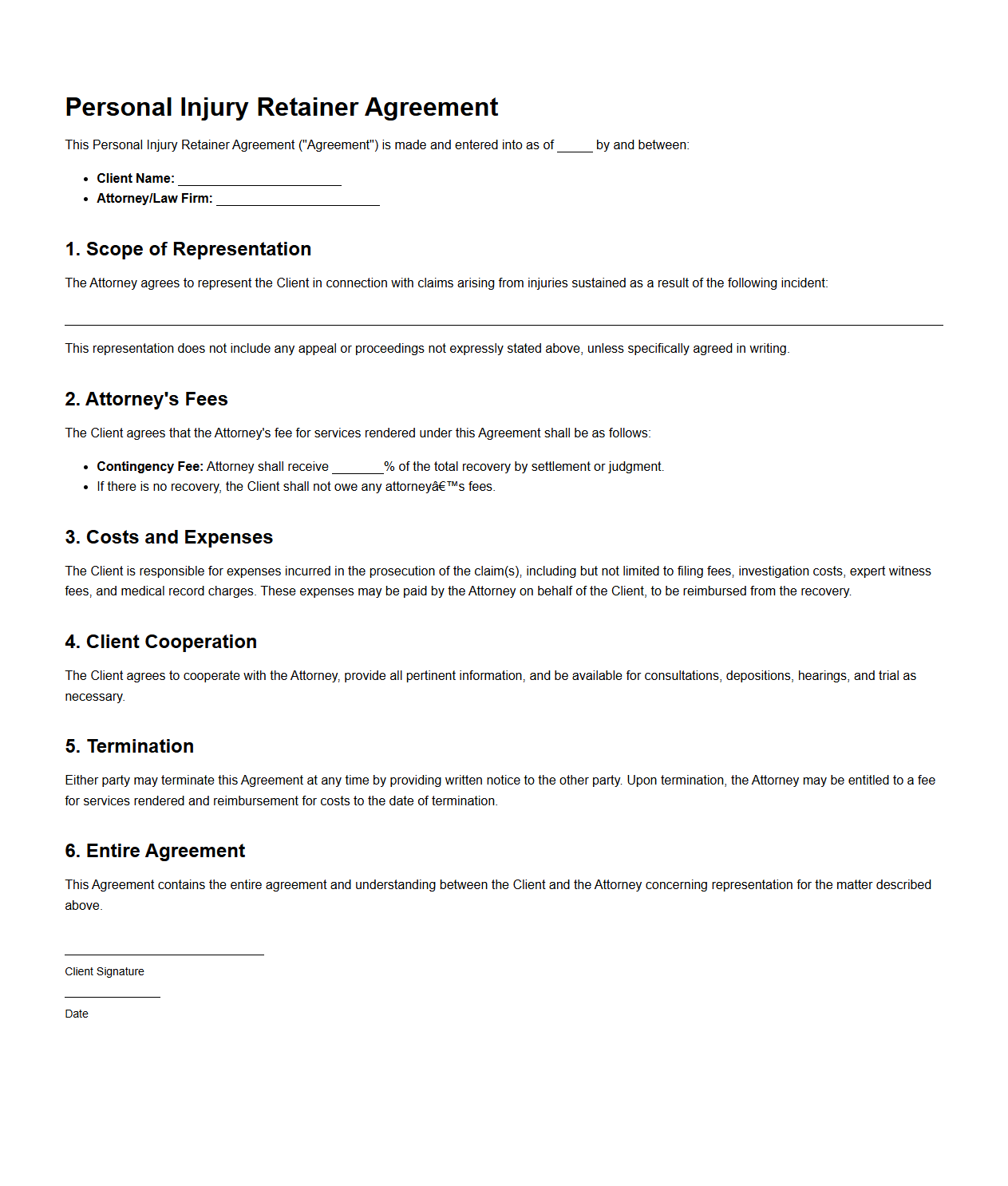 Personal Injury Retainer Agreement Sample