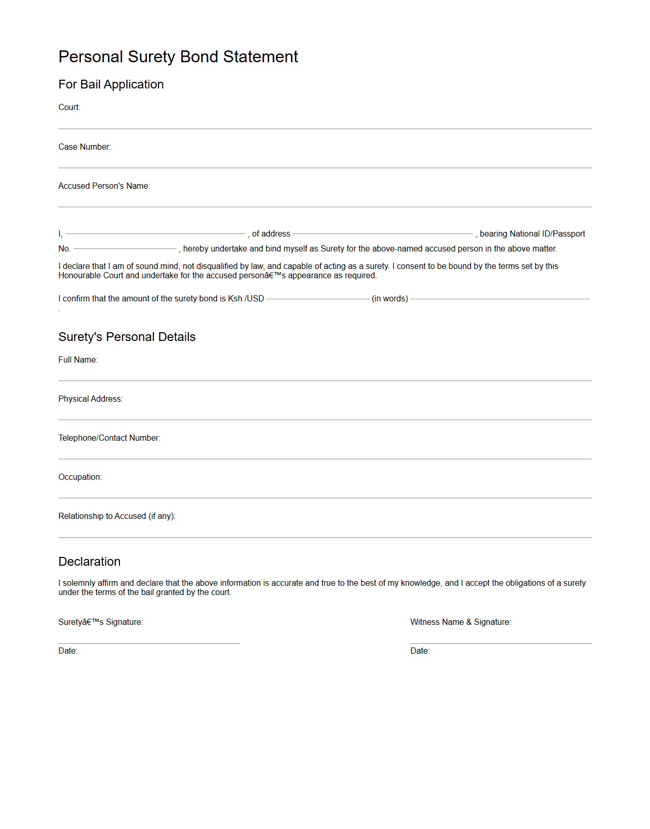 Personal Surety Bond Statement for Bail Applications