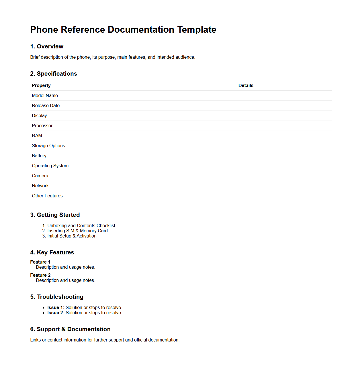Phone Reference Documentation Template