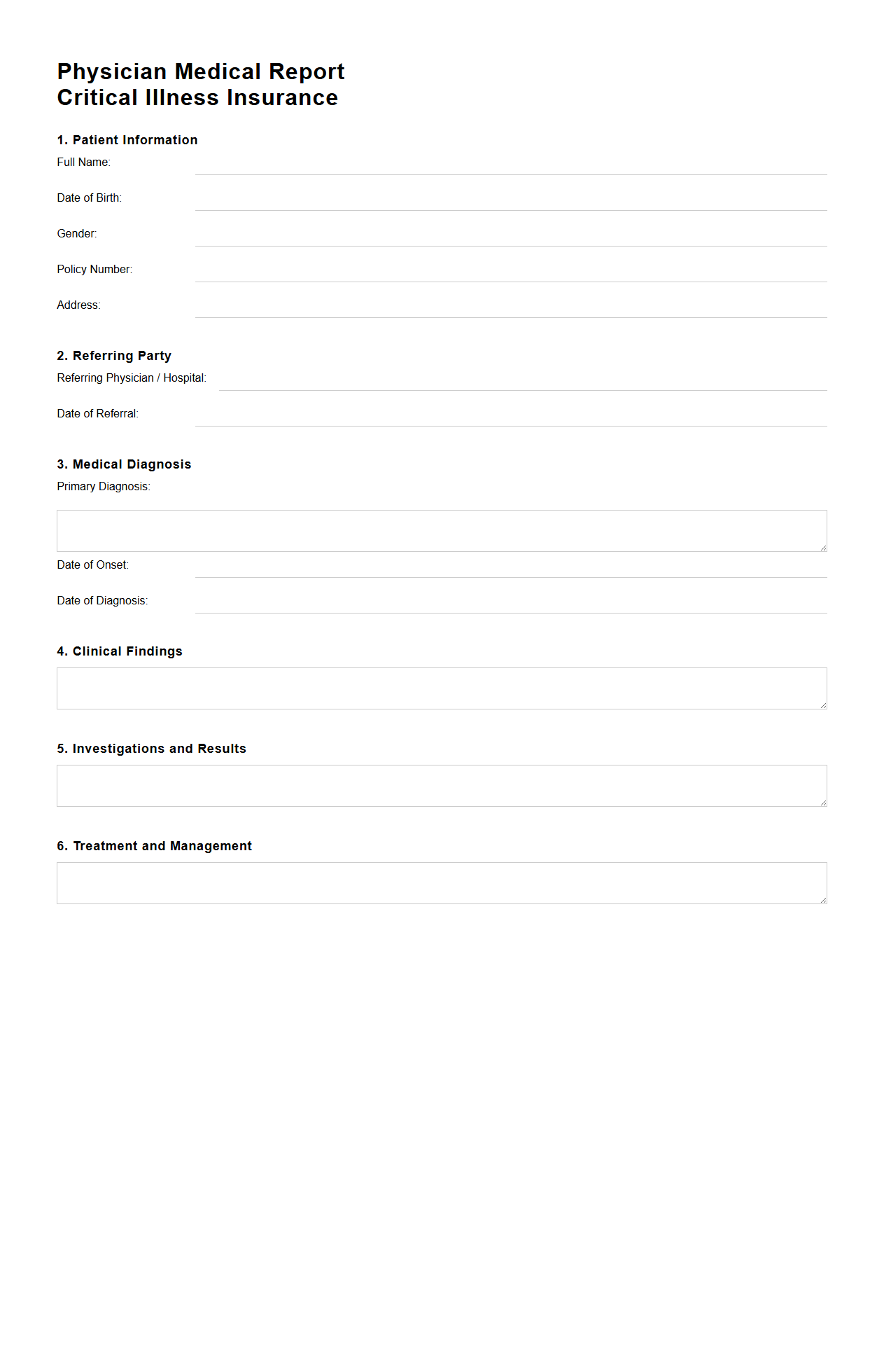 Physician Medical Report for Critical Illness Insurance