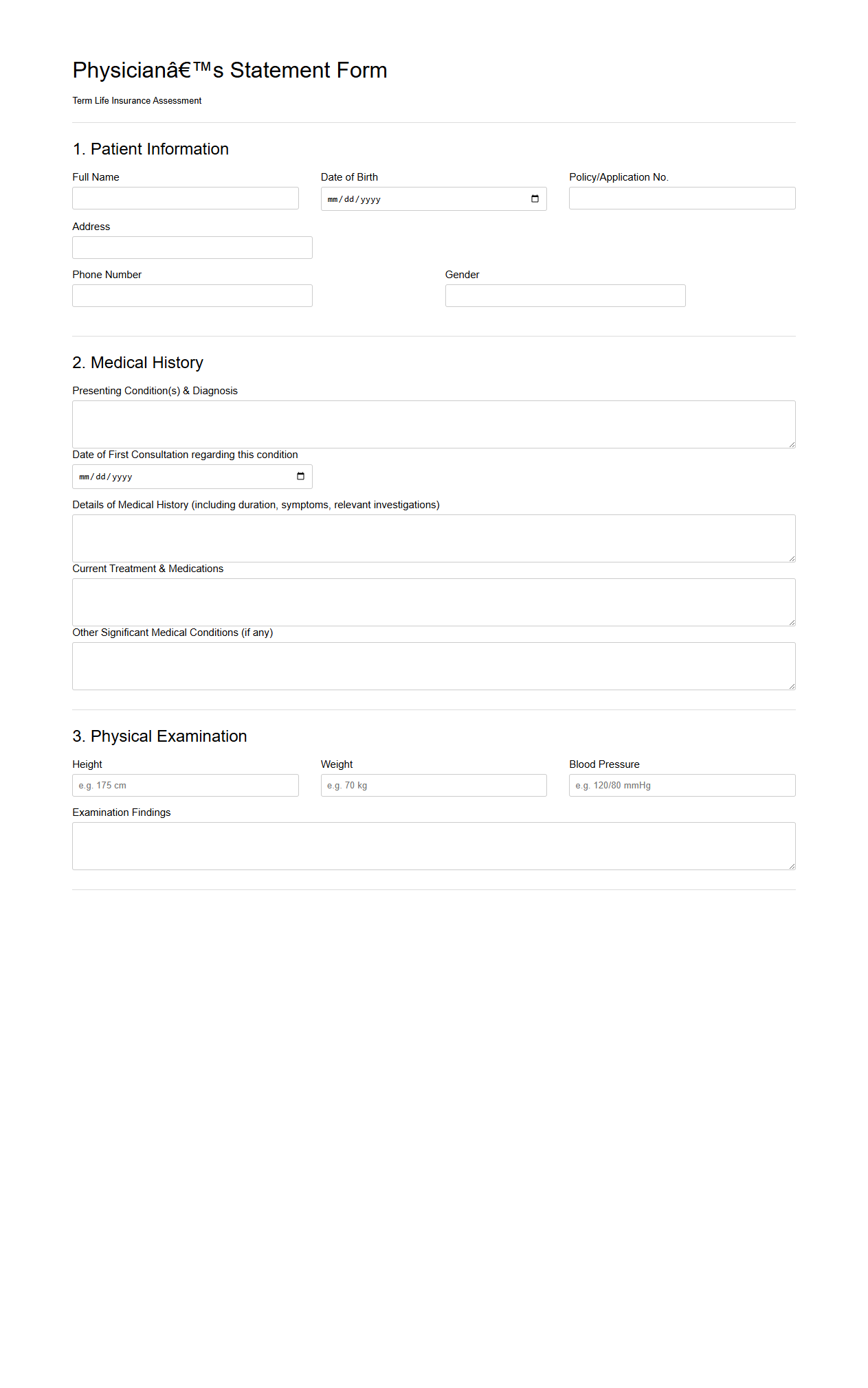 Physician’s Statement Form for Term Life Insurance Assessment