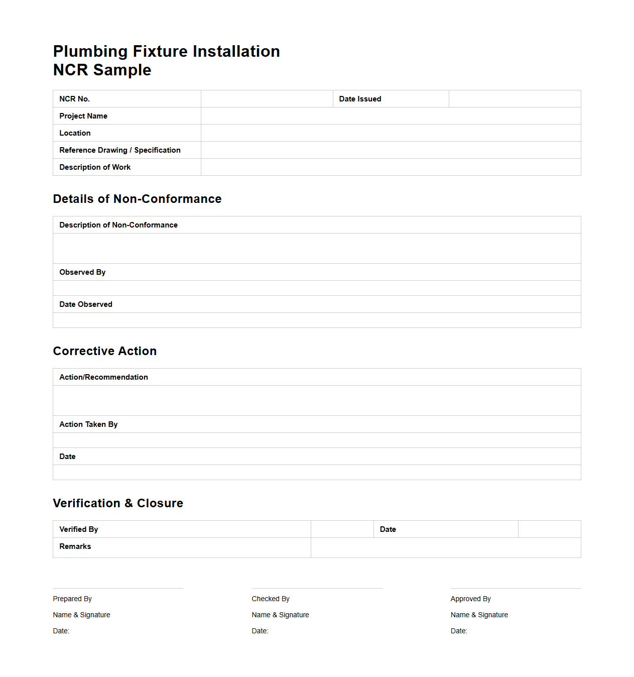 Plumbing Fixture Installation NCR Sample