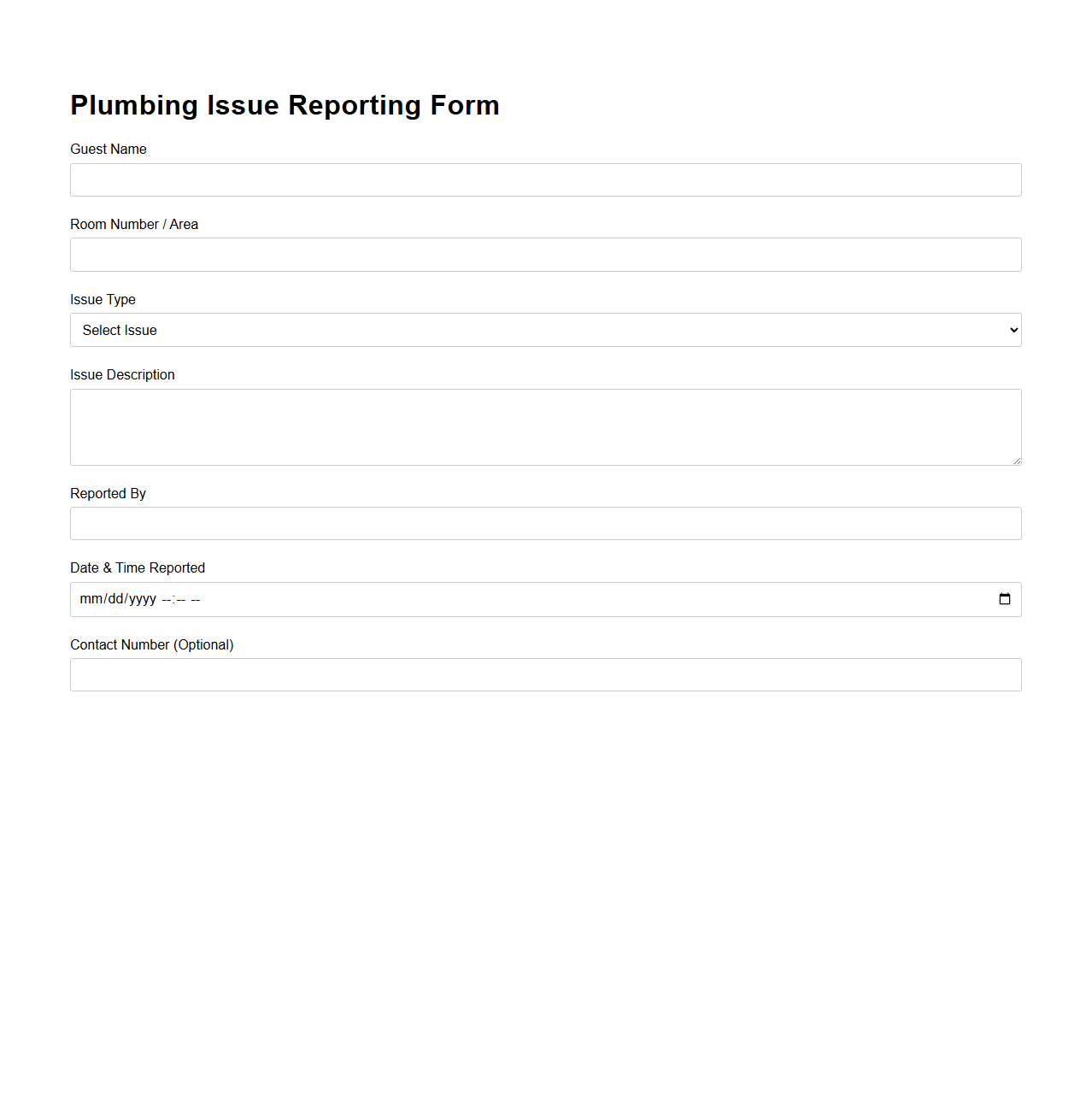 Plumbing Issue Reporting Form for Hospitality