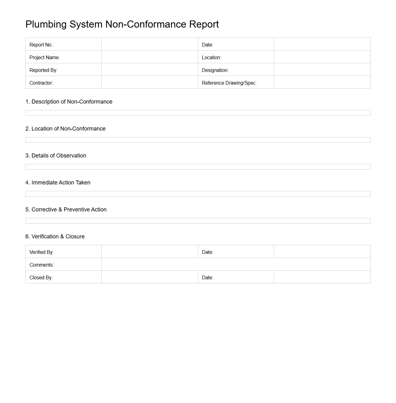 Plumbing System Non-Conformance Report Template
