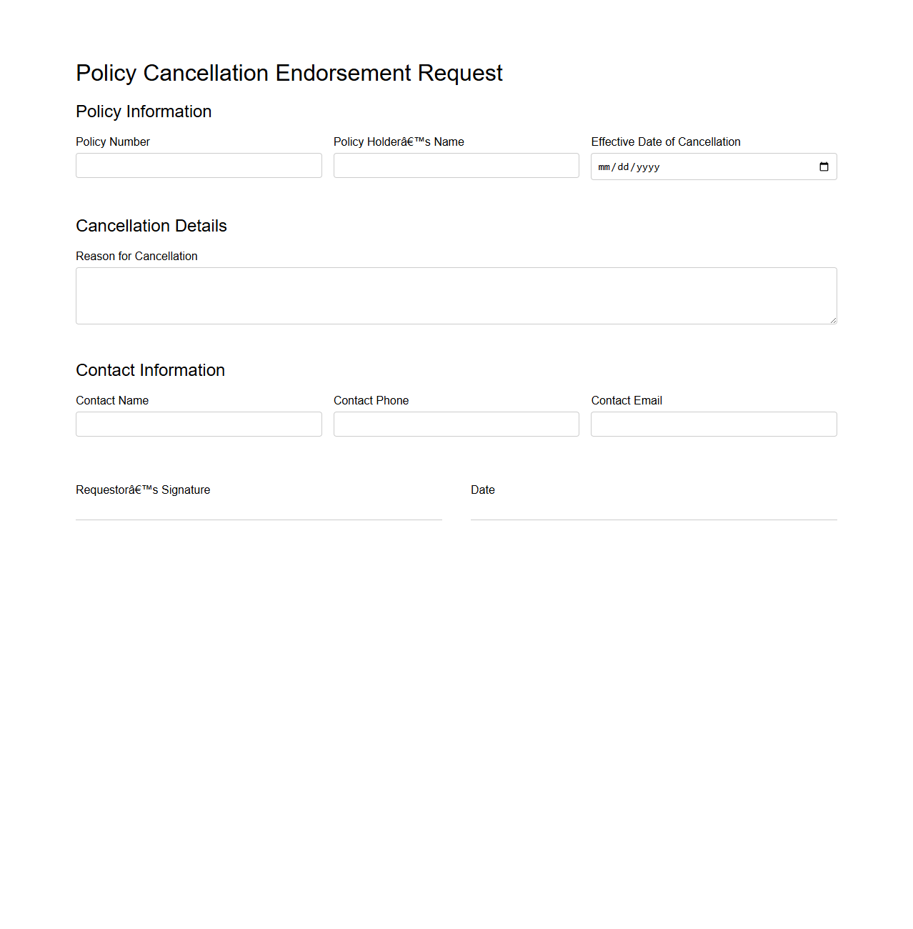 Policy Cancellation Endorsement Request Sample