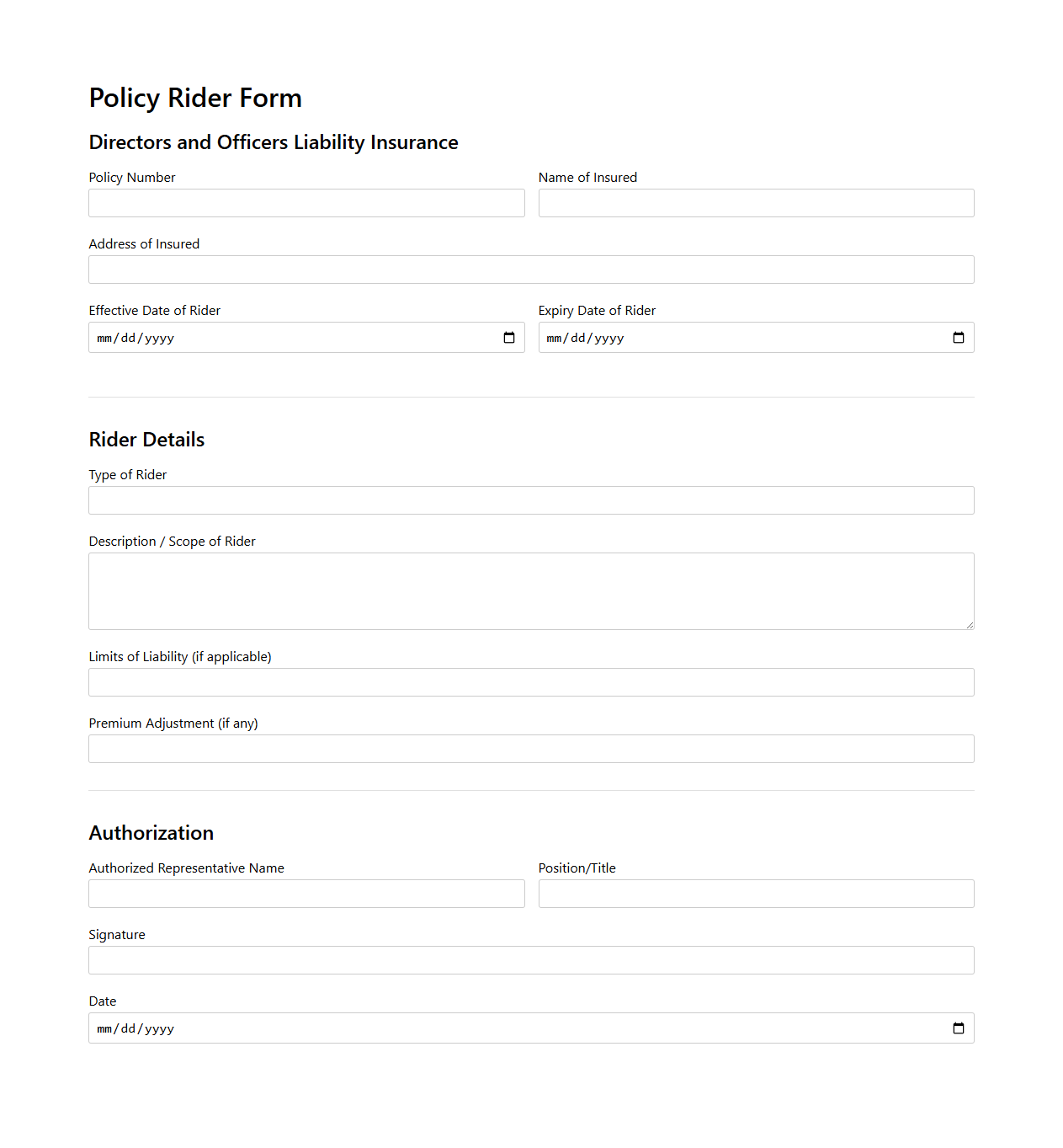 Policy Rider Form for Directors and Officers Liability Insurance