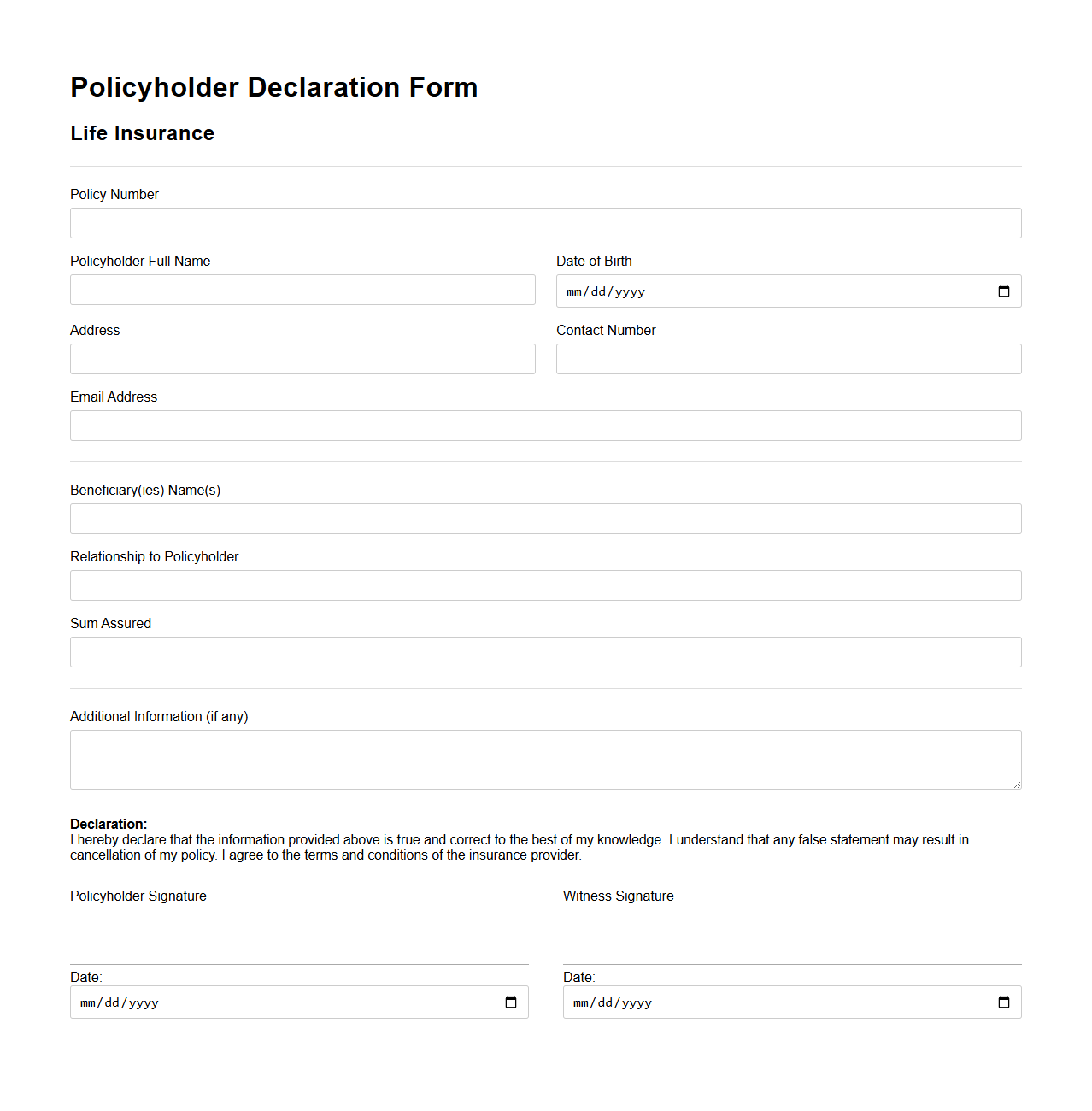 Policyholder Declaration Form for Life Insurance