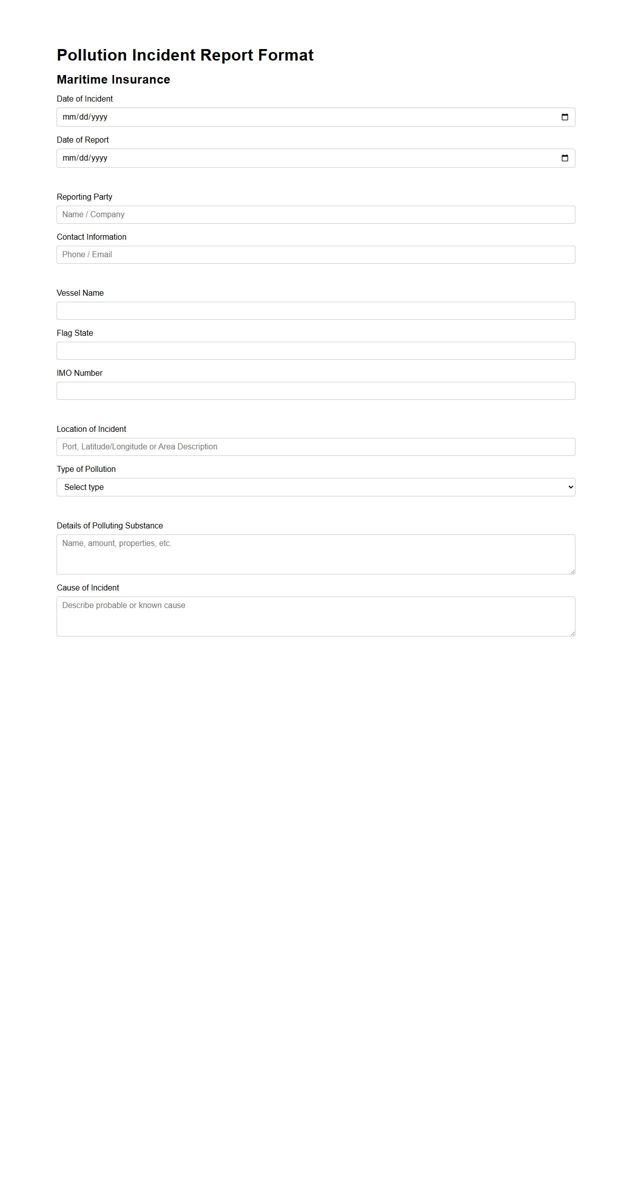 Pollution Incident Report Format for Maritime Insurance
