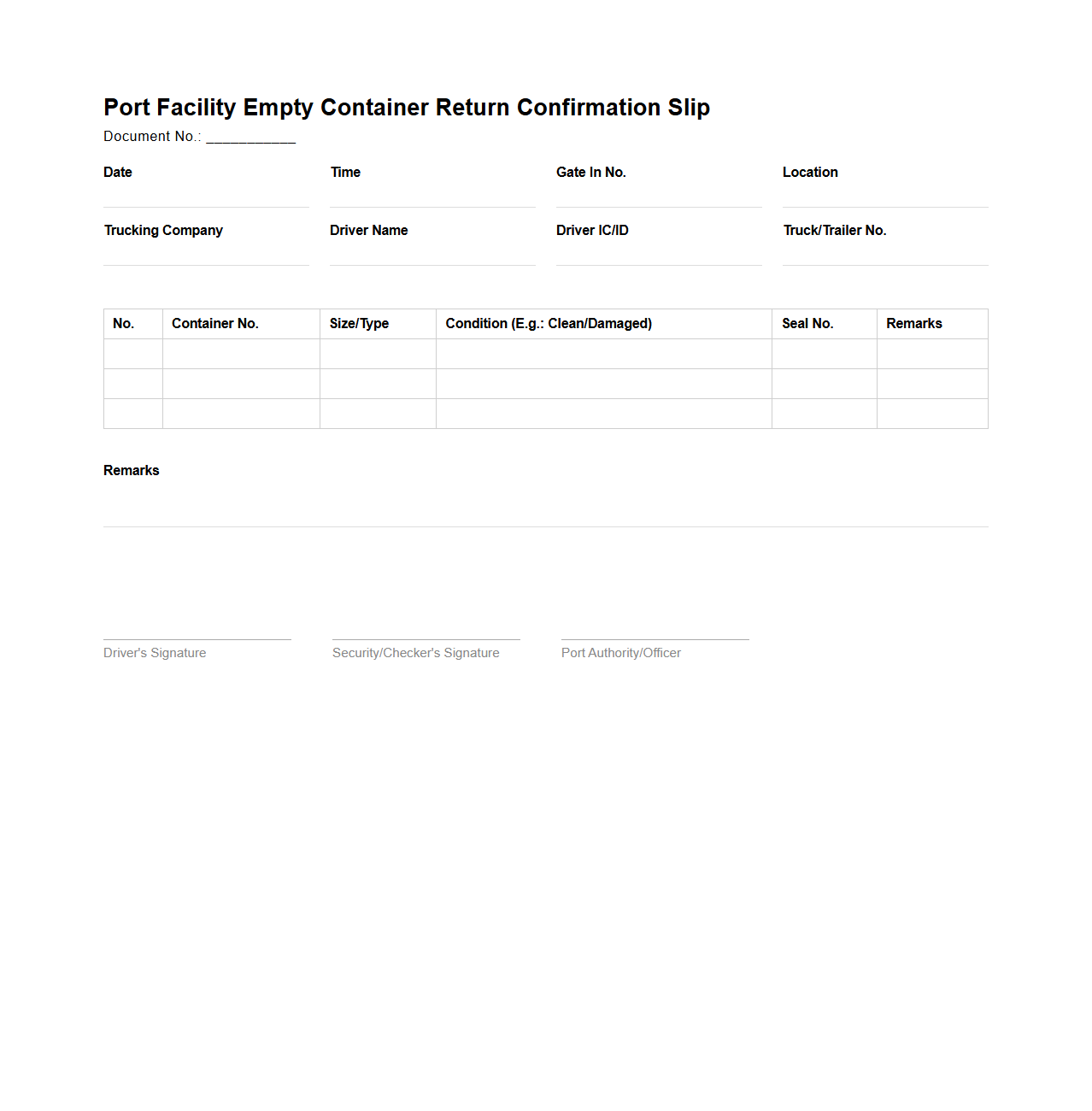 Port Facility Empty Container Return Confirmation Slip