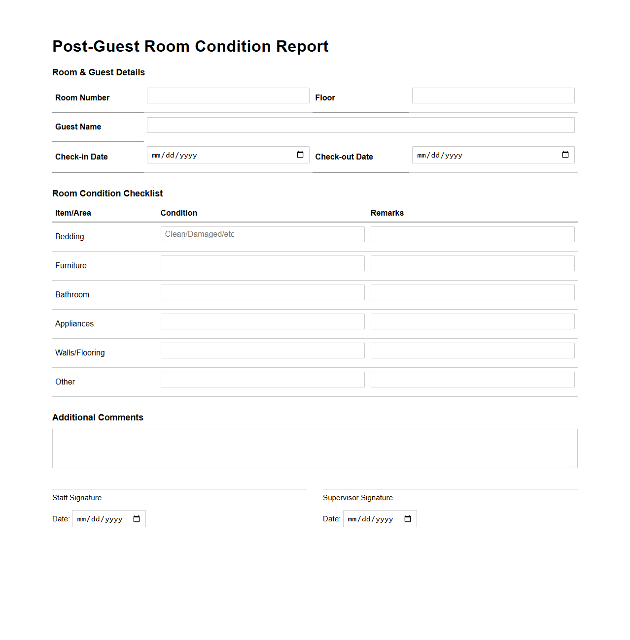 Post-Guest Room Condition Report Sample