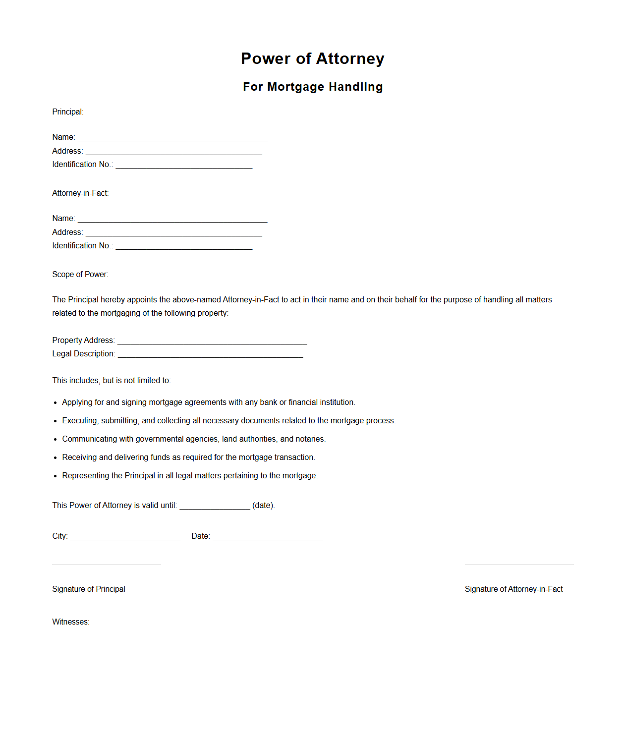 Power of Attorney Document for Mortgage Handling