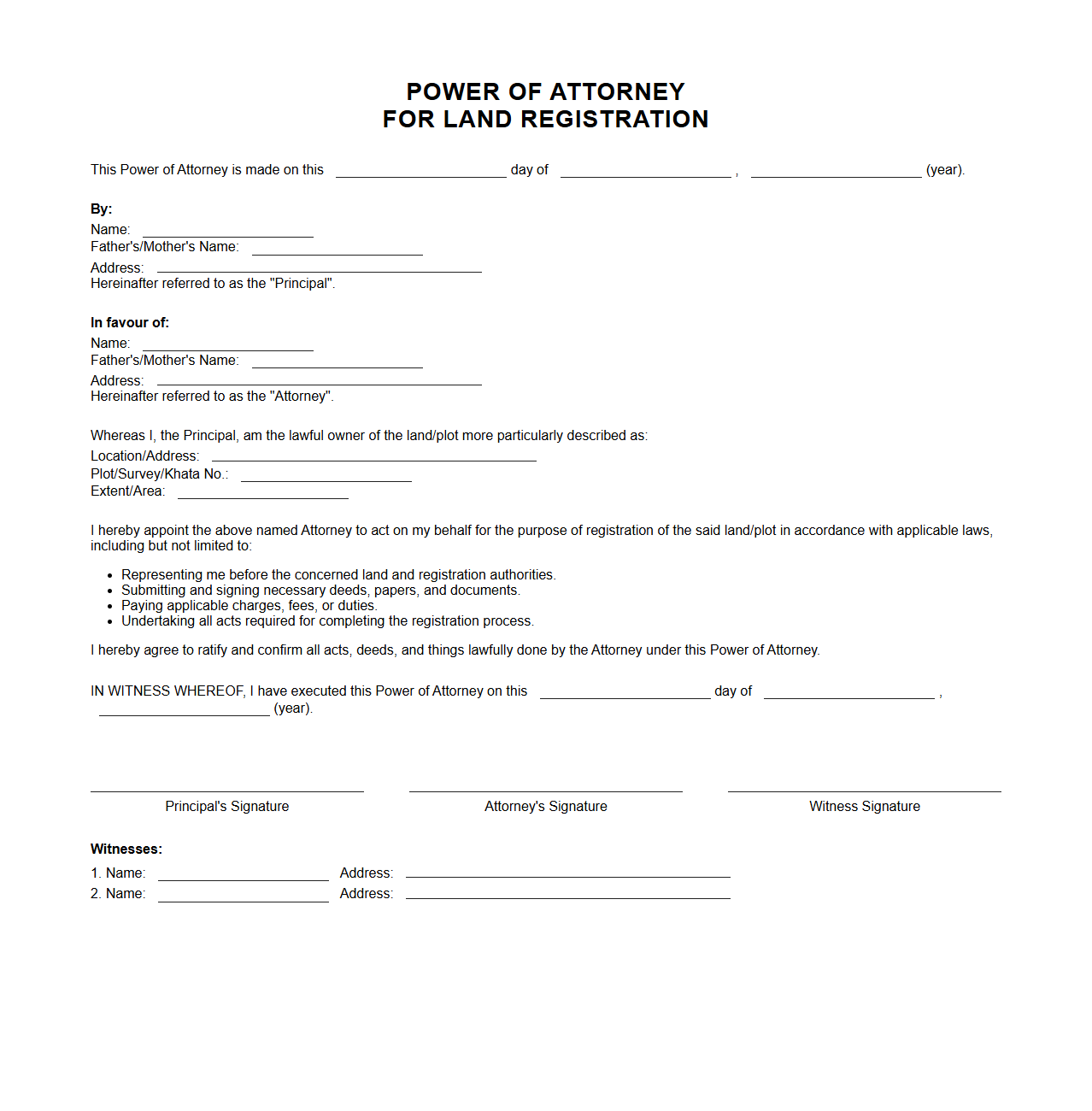 Power of Attorney Format for Land Registration
