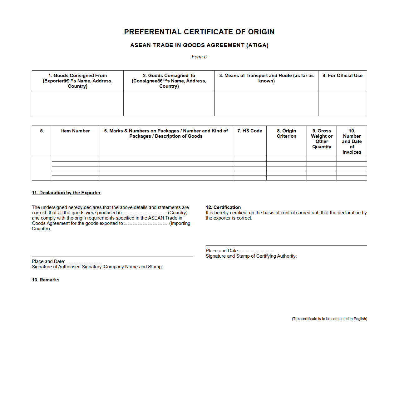 Preferential Certificate of Origin Form for ASEAN Trade