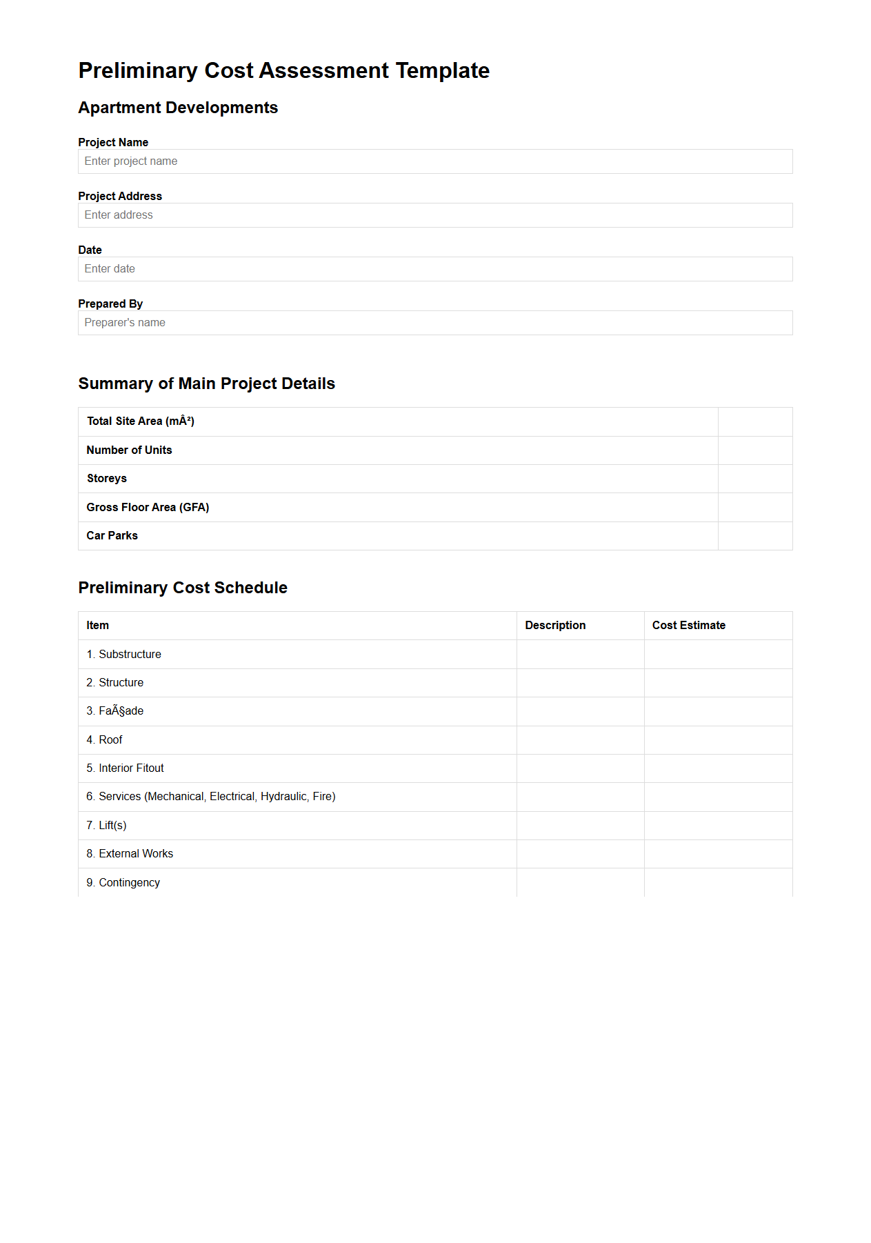 Preliminary Cost Assessment Template for Apartment Developments