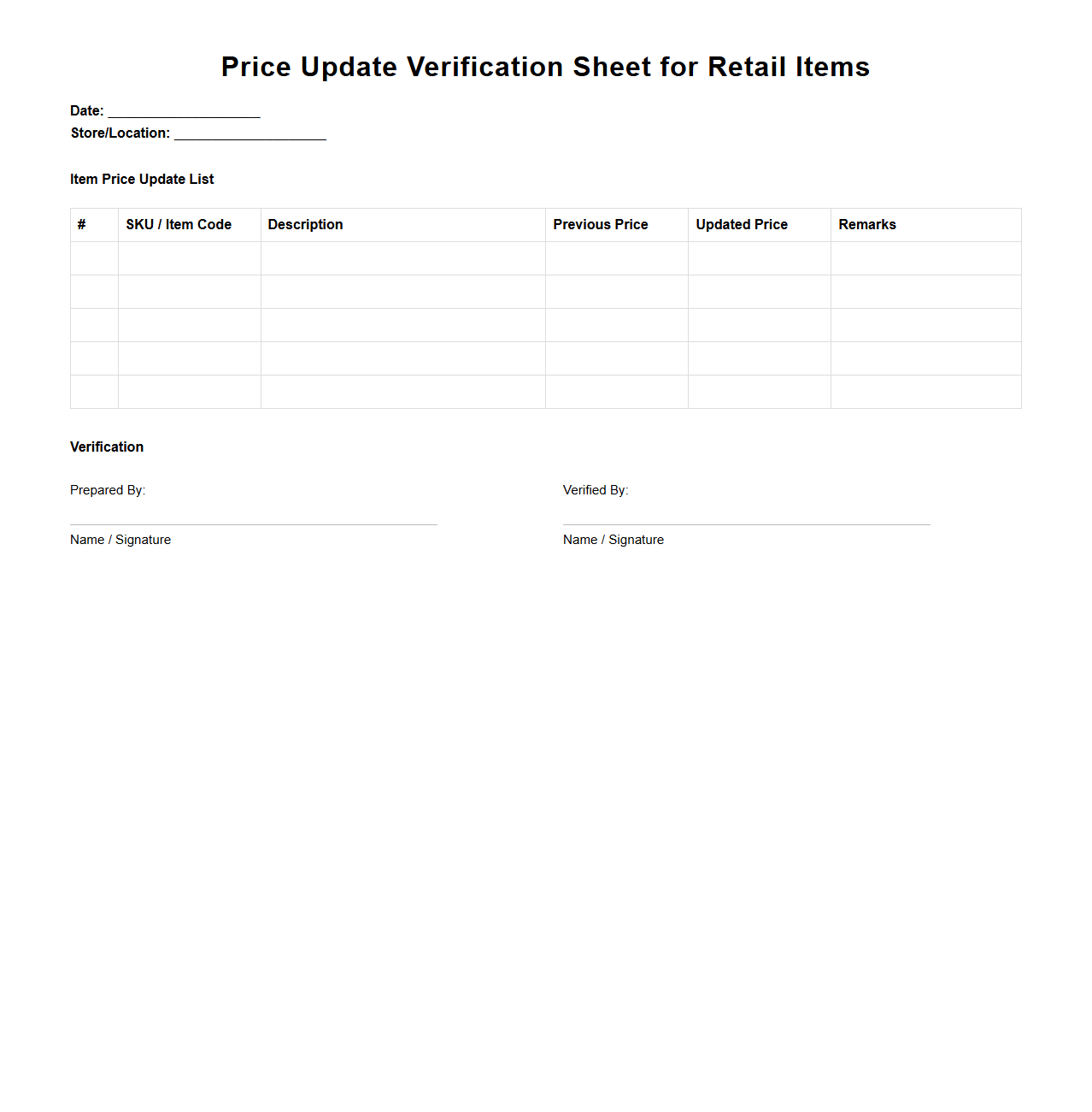 Price Update Verification Sheet for Retail Items