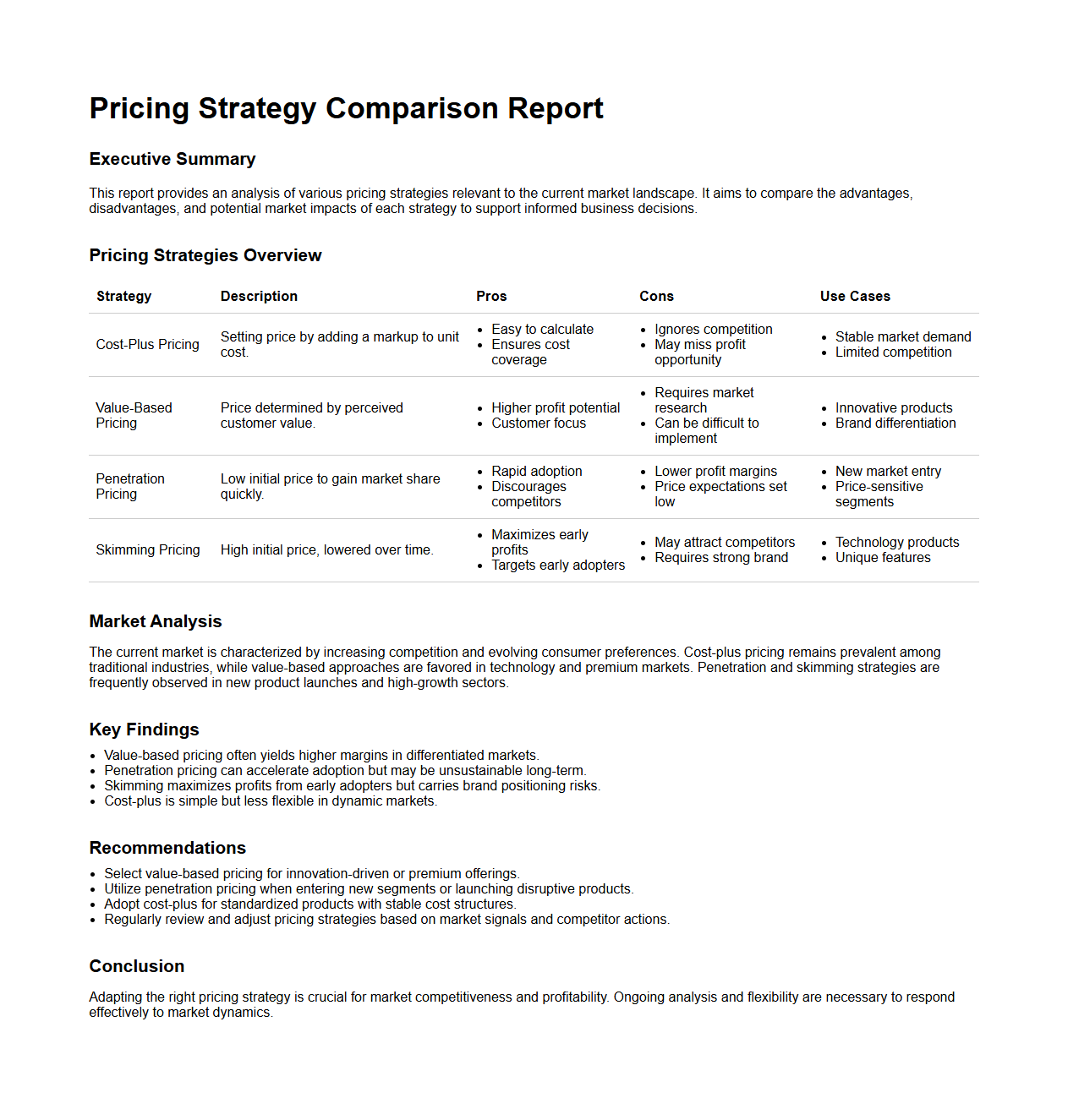 Pricing Strategy Comparison Report for Market Analysis