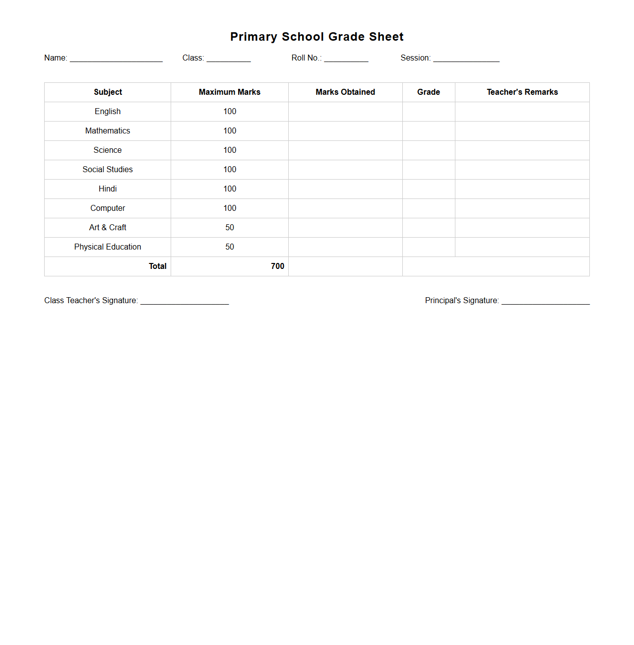 Primary School Subject-wise Grade Sheet Example