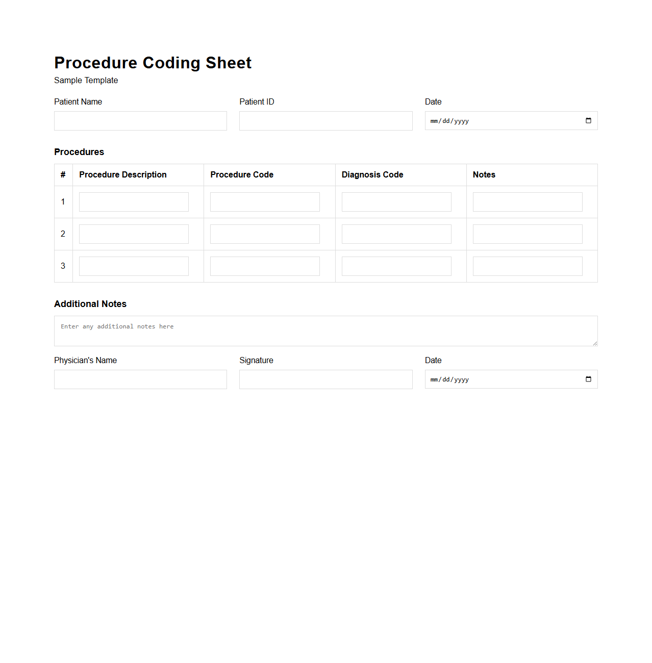 Procedure Coding Sheet Template