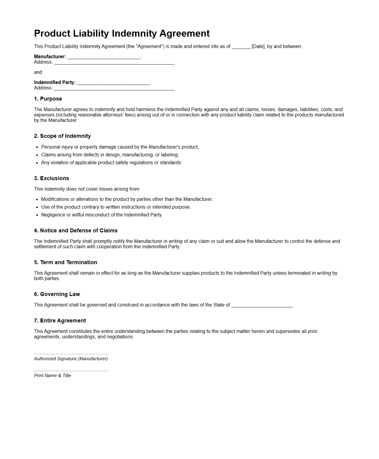Product Liability Indemnity Agreement Template for Manufacturers