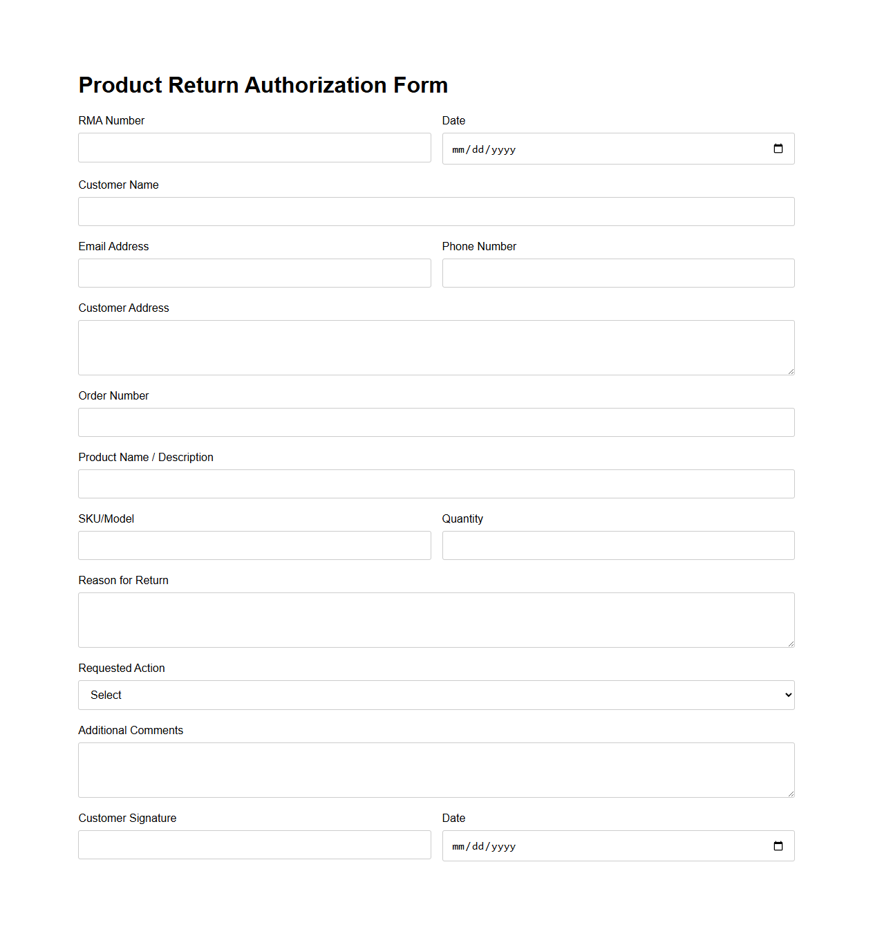 Product Return Authorization Form Template