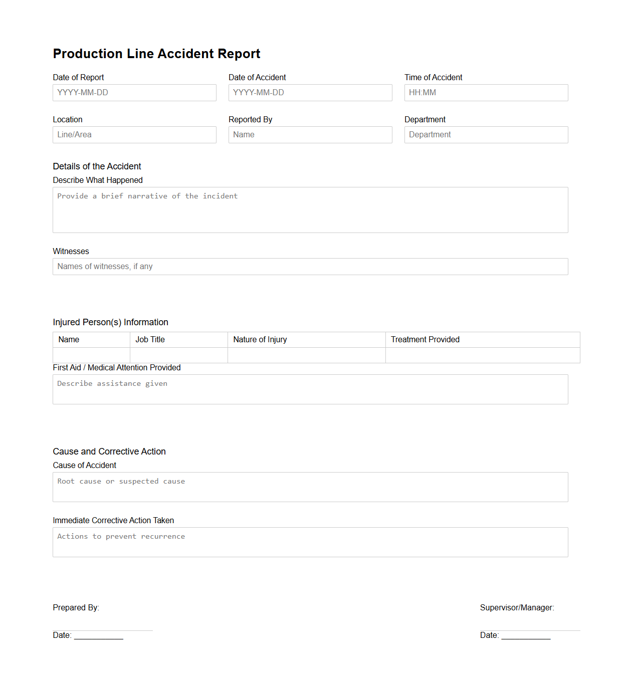 Production Line Accident Report Sample