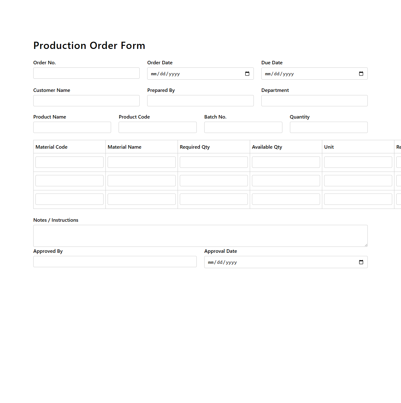 Production Order Form Template