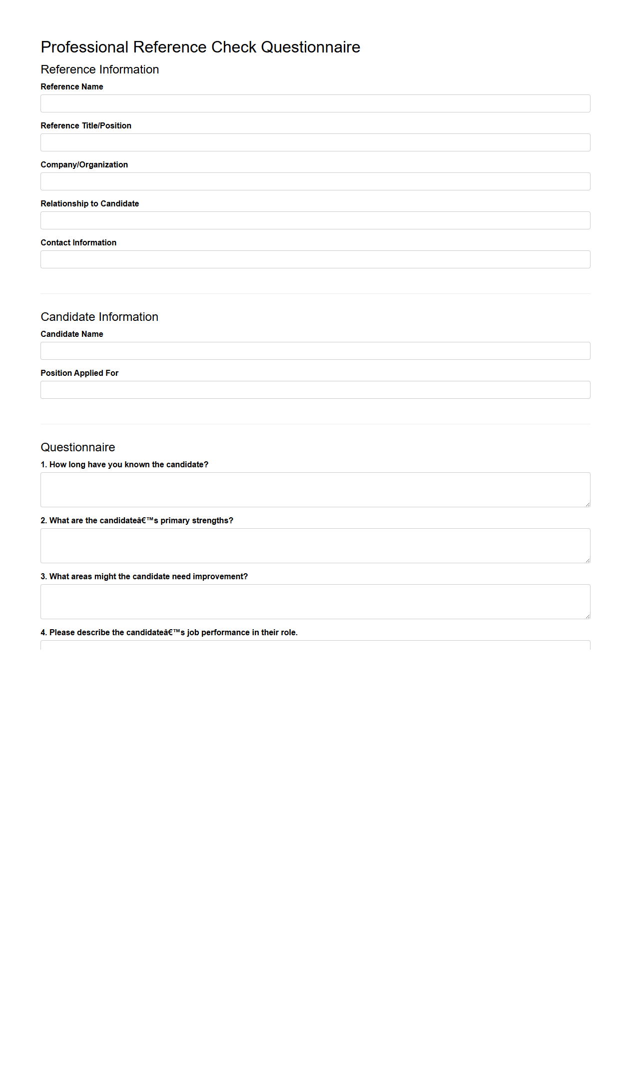 Professional Reference Check Questionnaire Template
