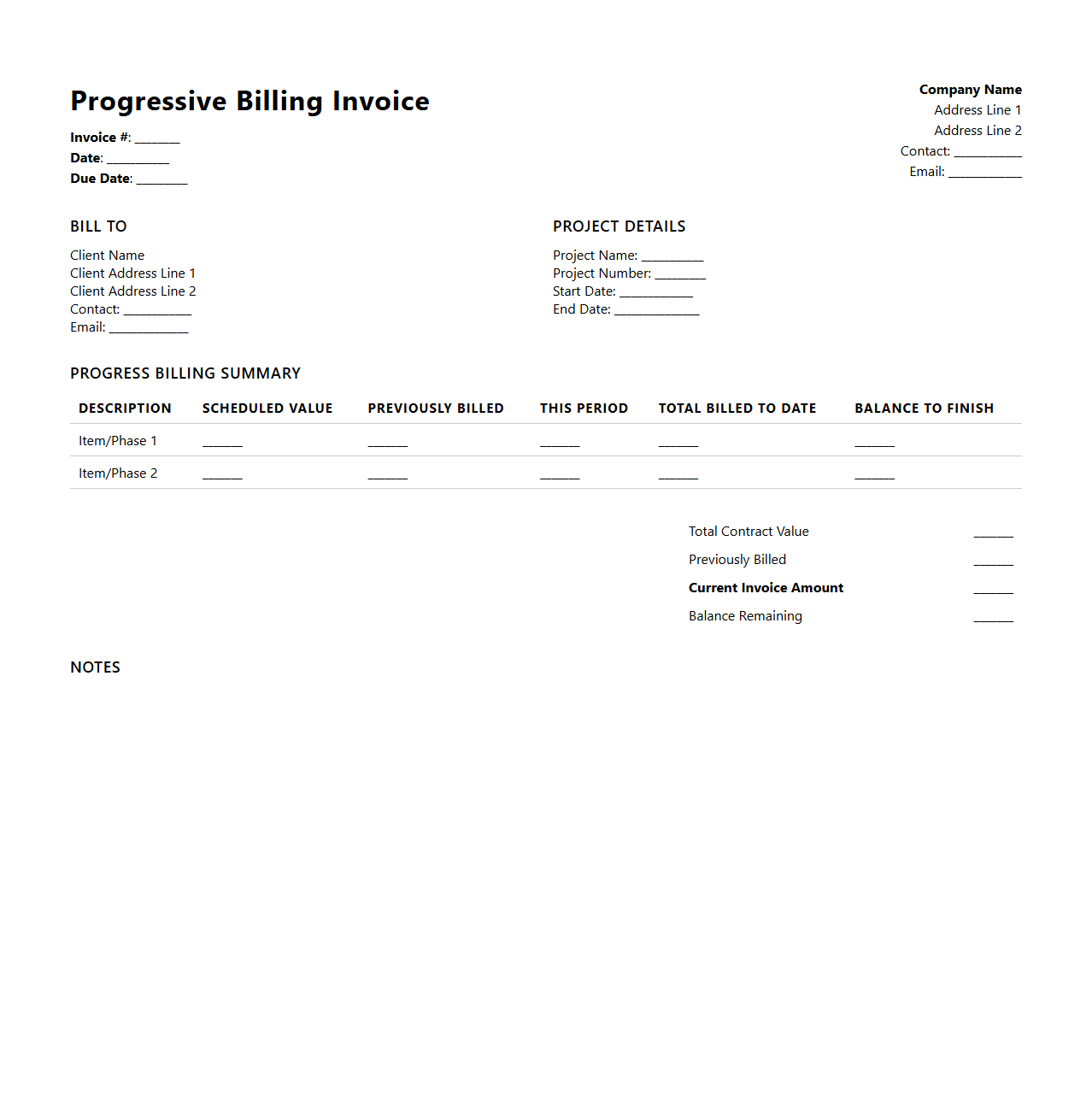 Progressive Billing Invoice Template for Accounts Receivable