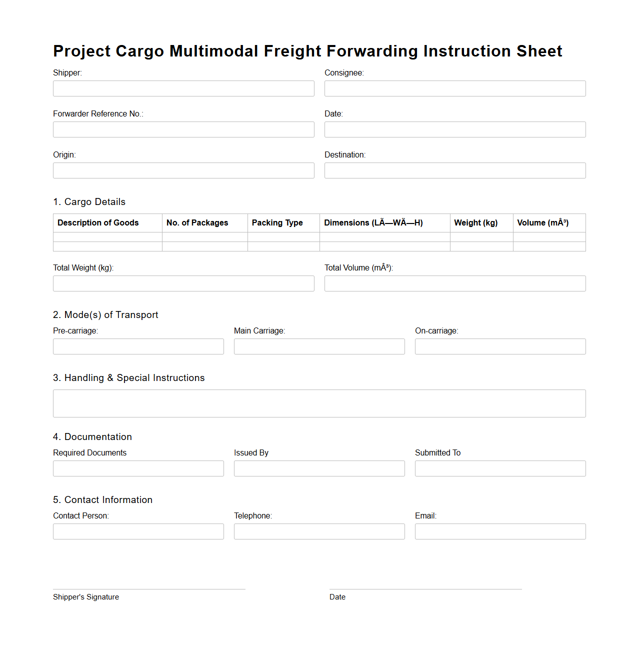 Project Cargo Multimodal Freight Forwarding Instruction Sheet