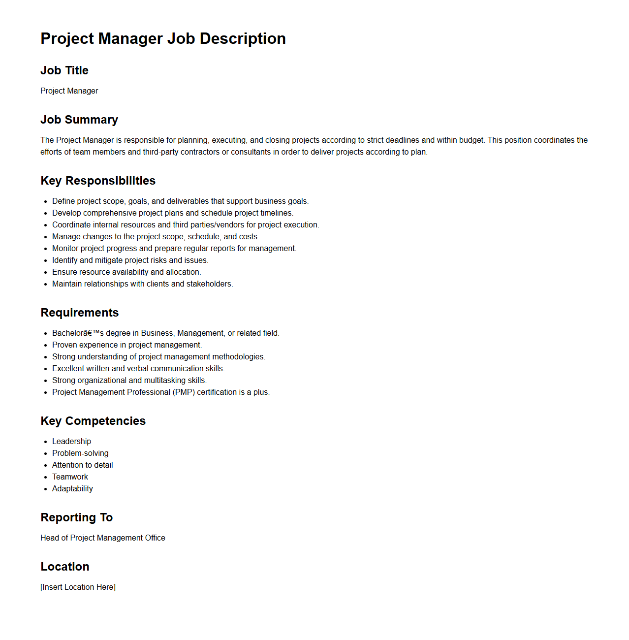 Project Manager Job Description Model