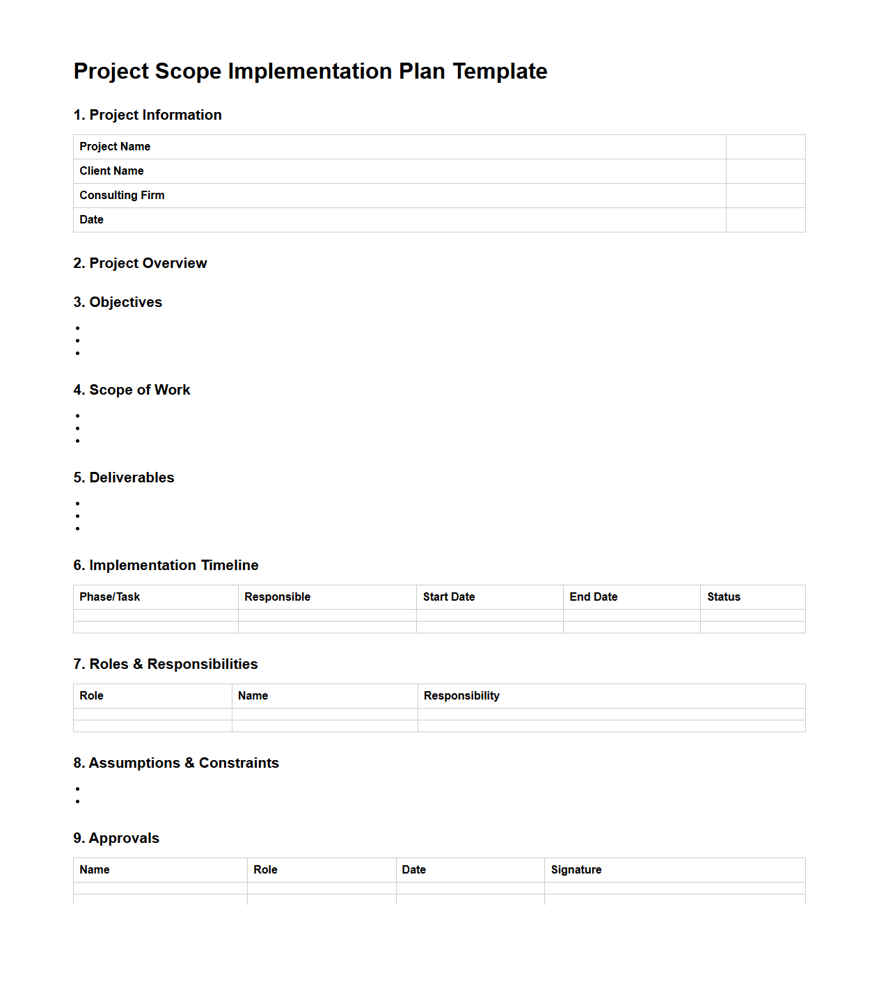 Project Scope Implementation Plan Template for Consulting