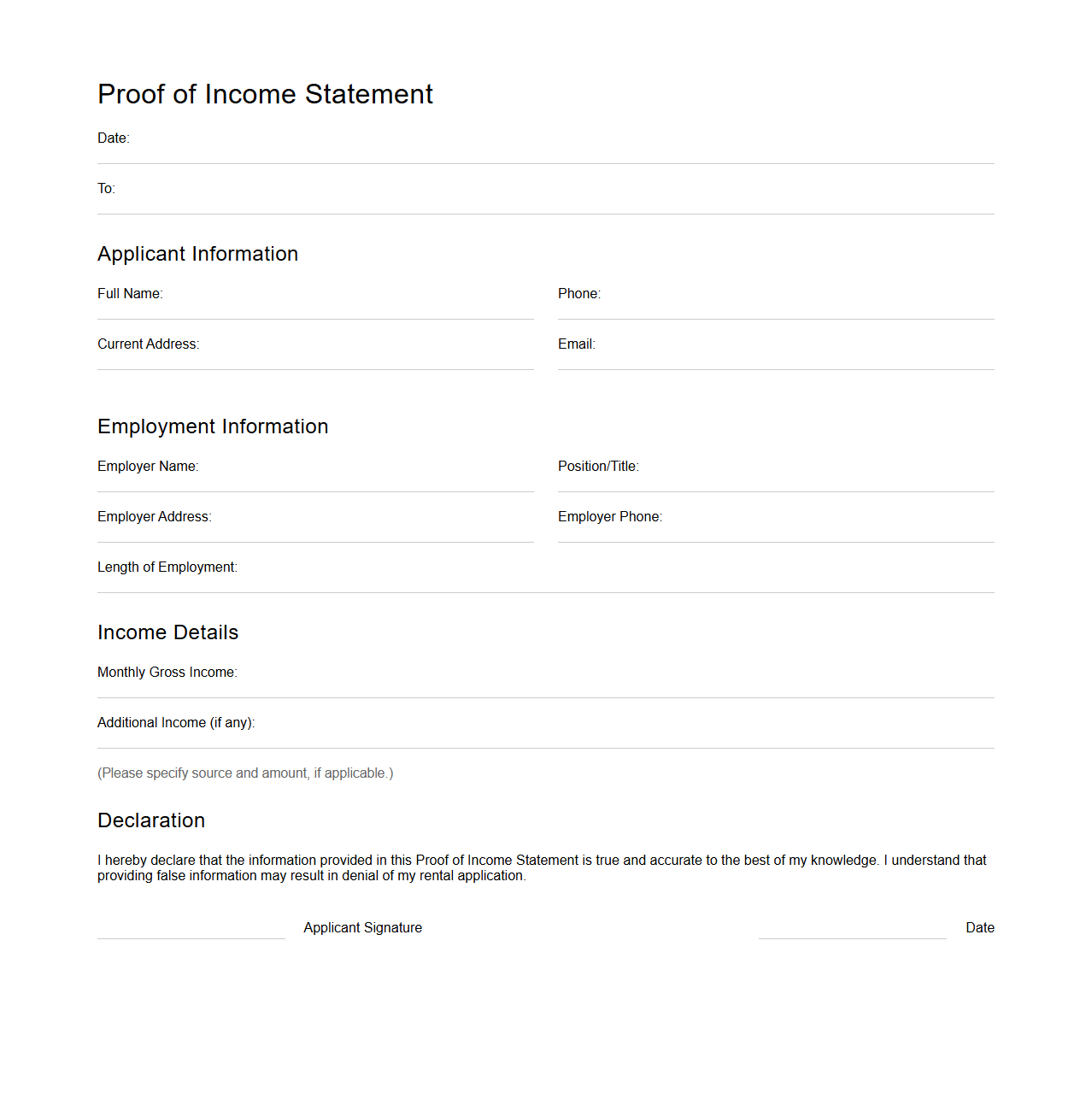 Proof of Income Statement for Apartment Rental