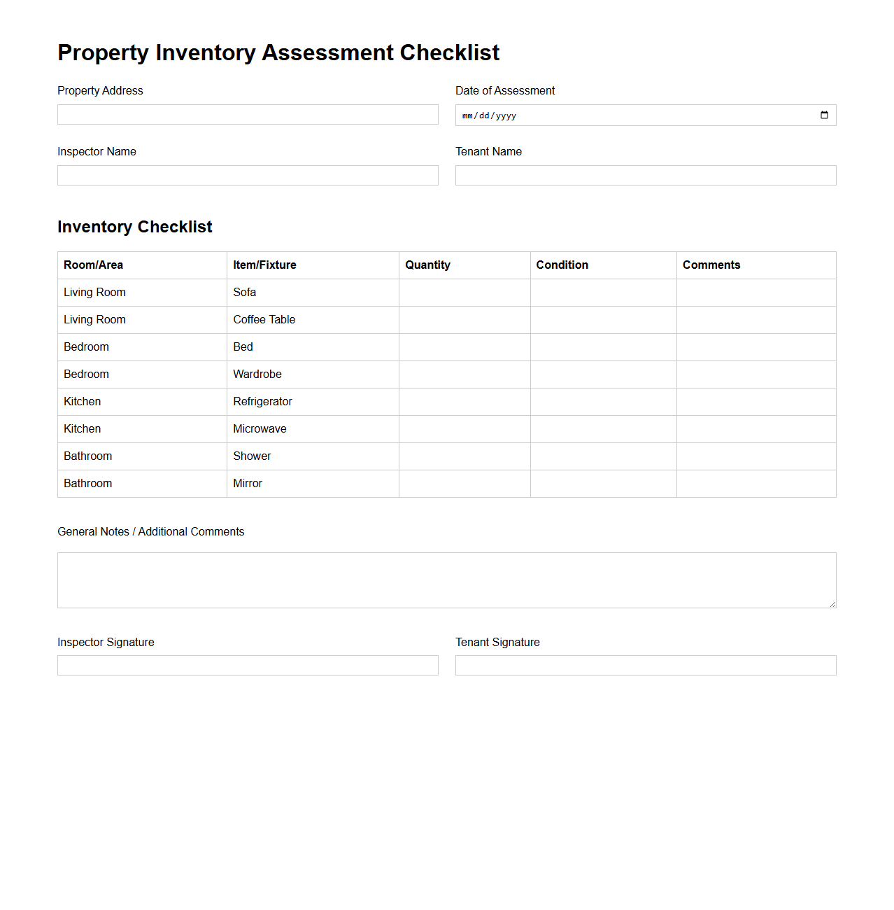 Property Inventory Assessment Checklist Sample