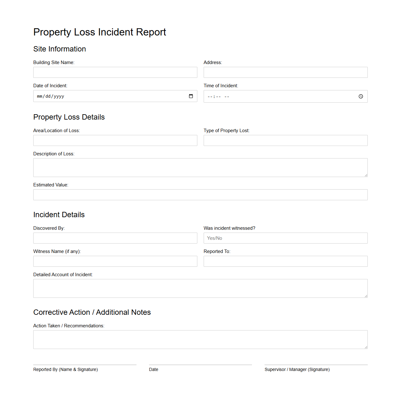 Property Loss Incident Report Format for Building Sites