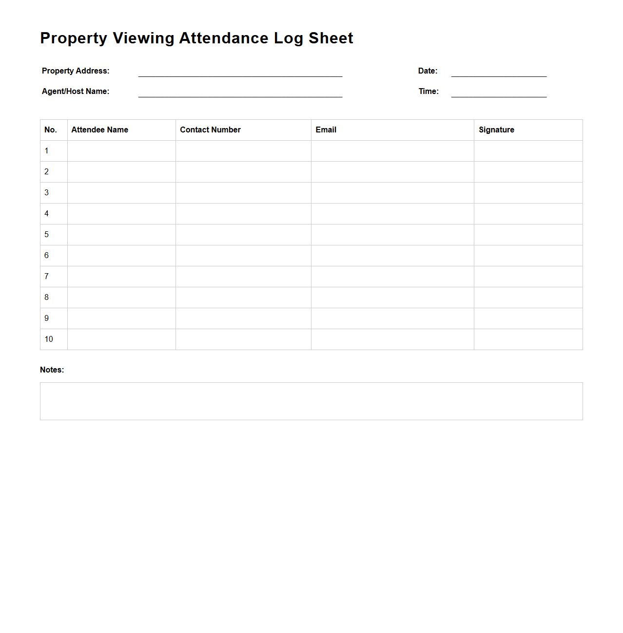 Property Viewing Attendance Log Sheet