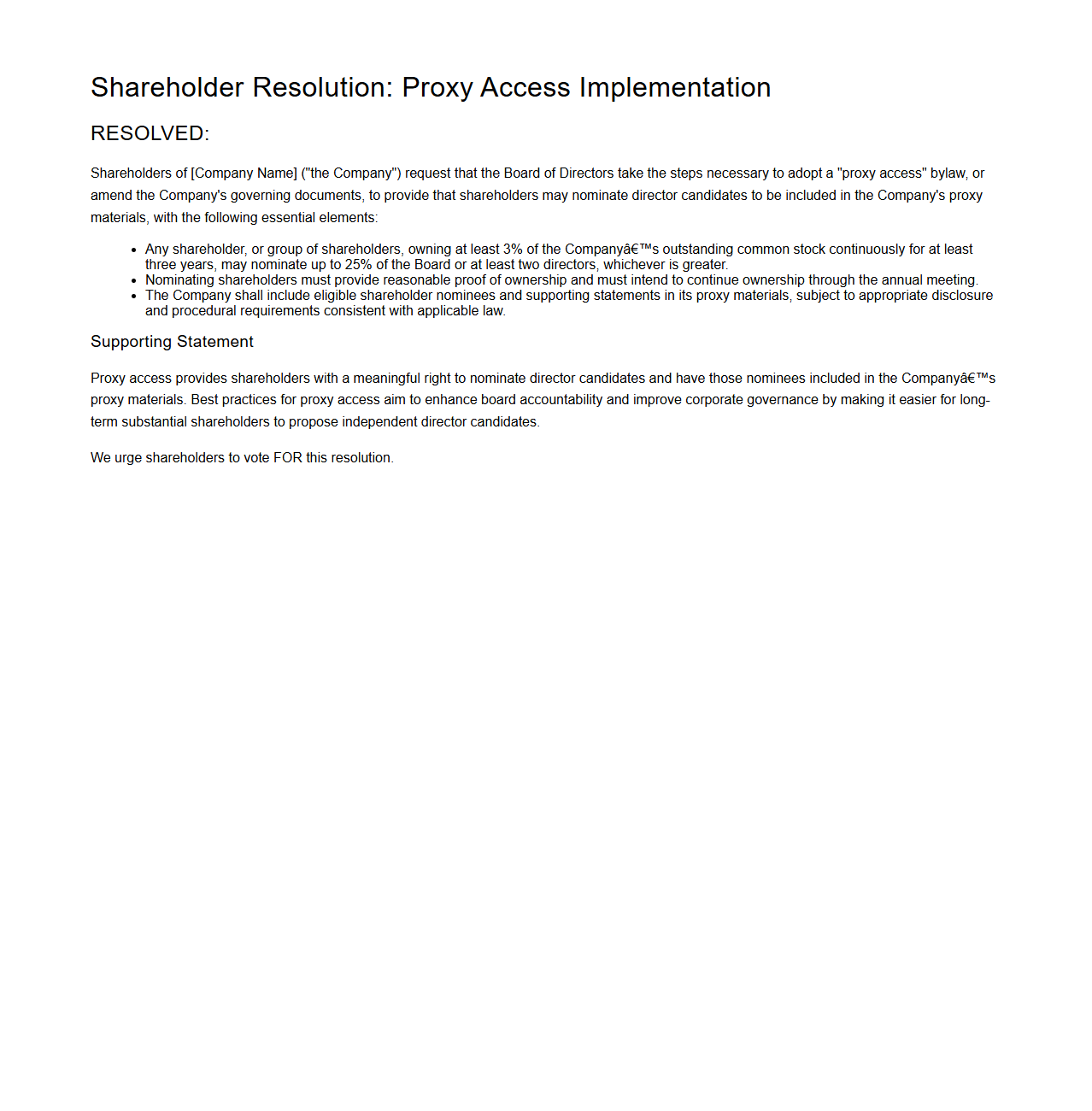 Proxy Access Implementation Shareholder Resolution Sample