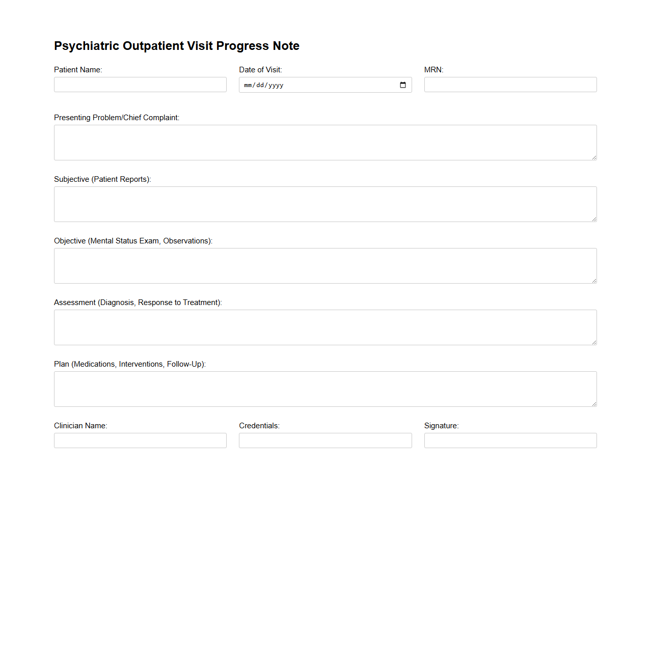 Psychiatric Outpatient Visit Progress Note Sample