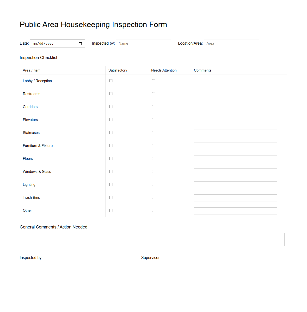 Public Area Housekeeping Inspection Form