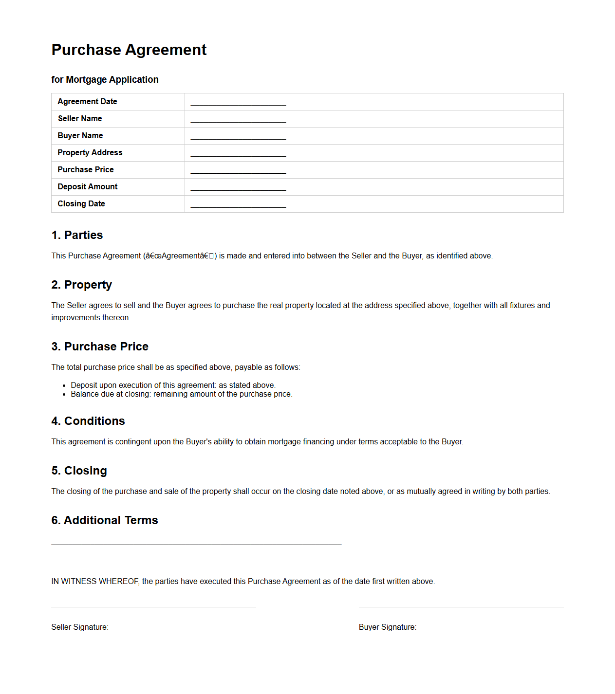 Purchase Agreement Sample for Mortgage Application