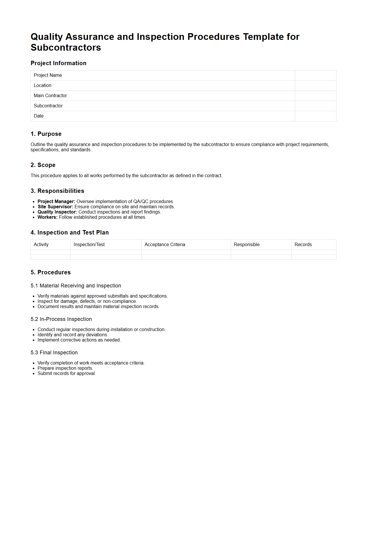 Quality Assurance and Inspection Procedures Template for Subcontractors