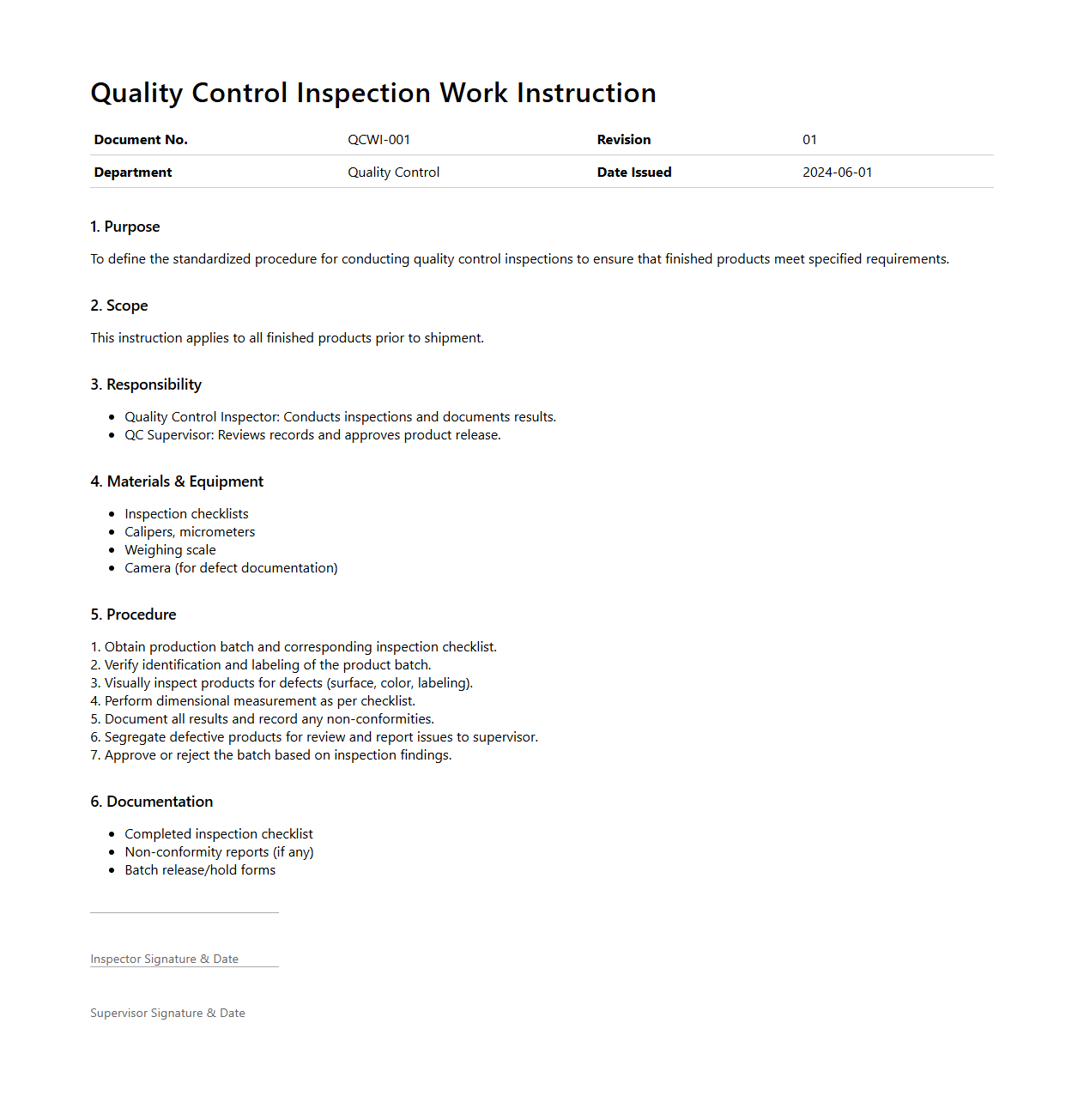 Quality Control Inspection Work Instruction Sample