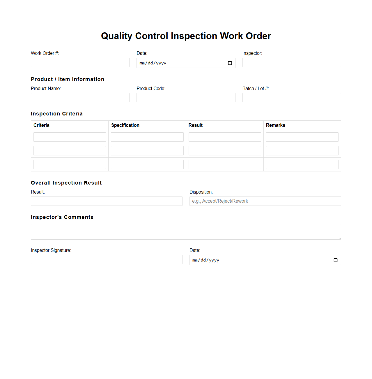 Quality Control Inspection Work Order Example