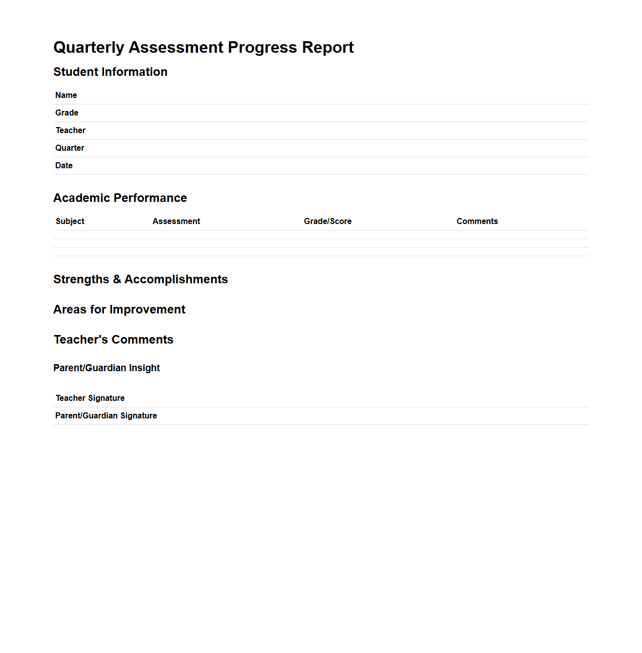 Quarterly Assessment Progress Report Example for Parent Insight
