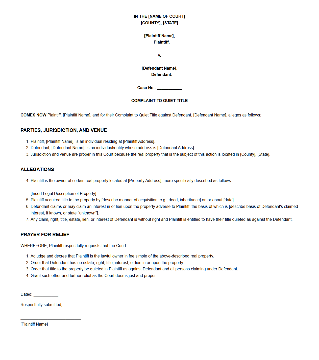 Quiet Title Action Complaint Sample