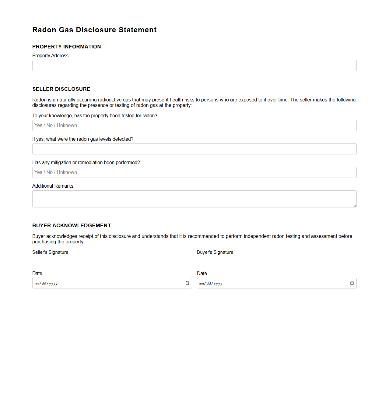 Radon Gas Disclosure Statement Form Sample